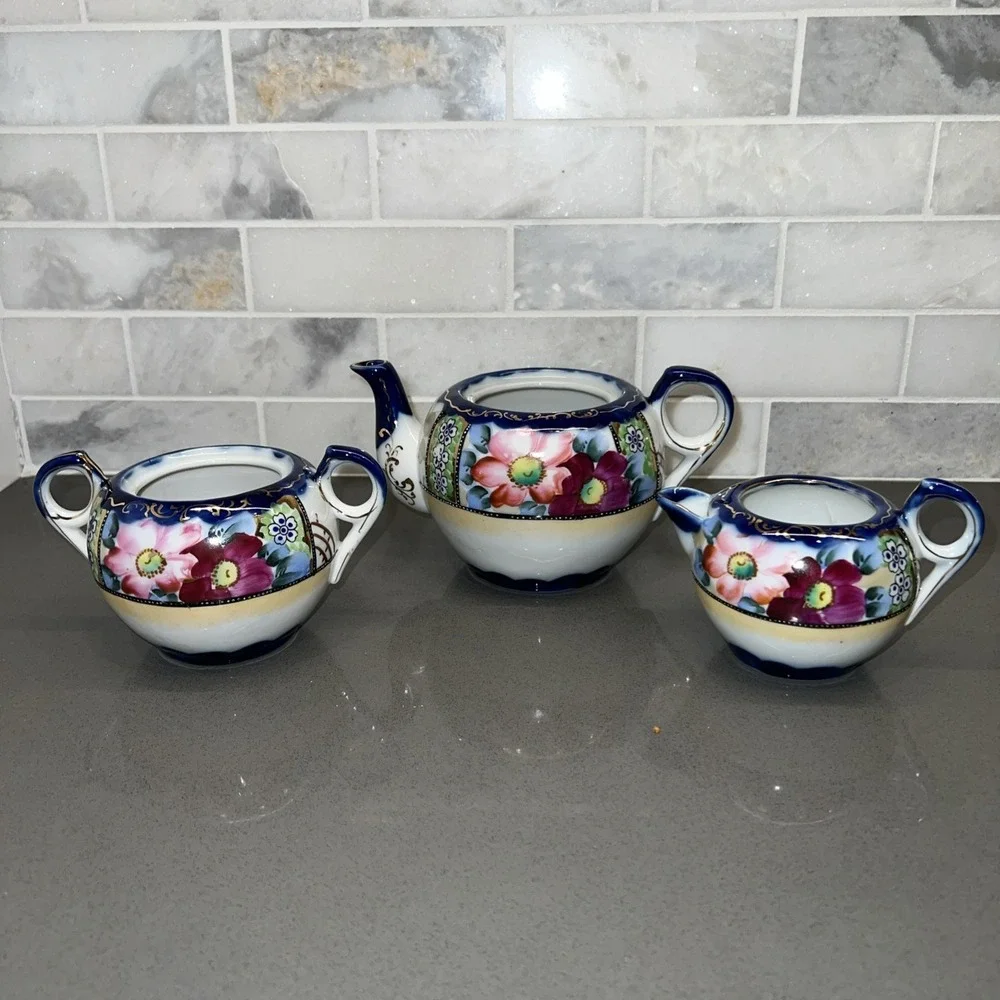 Vintage Hand Painted Floral Design 3 Piece (missing Lids) Tea Set, Made In Japan